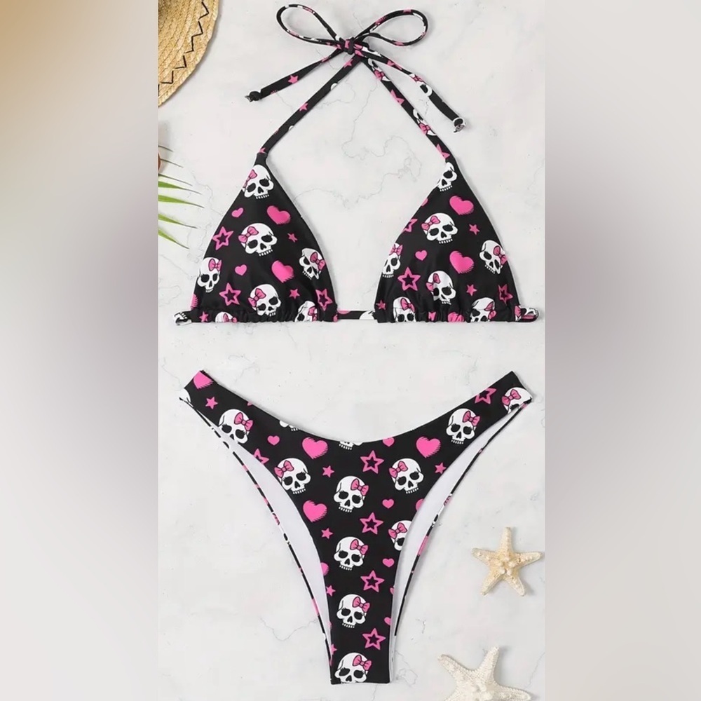 Skull Heart Triangle Halter High Cut Bottom Bikini Set